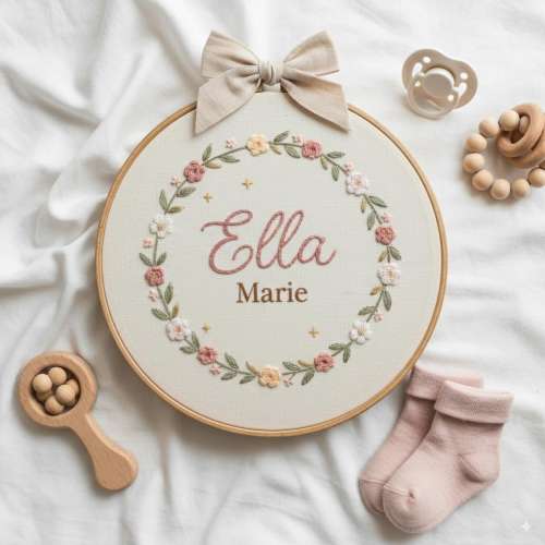 Custom Embroidered Baby Name Hoop | Floral Nursery Art & Baby Shower Gift | Embroidery Gift for Newborn Nursery Decor | Newborn Baby Shower