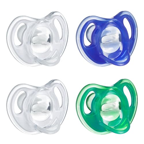 Tommee Tippee Ultra-Light Silicone Pacifier, 18-36 Months, Symmetrical One-Piece Design, BPA-Free Silicone Binkies, Clear/Blue/Green, Pack of 4
