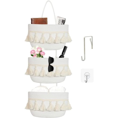 Over the Door Organizer Nursery - Cotton Boho Decor 3 Tier Wall Hanging Basket, Decorative Hanging Storage Organizer for Nursery Bathroom Bedroom Laundry Dorm Kitchen
