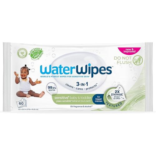 WaterWipes Sensitive+ Baby & Toddler Wipes, 3-In-1 Cleans, Cares, Protects, 99.9% Water, Textured Clean, Unscented & Hypoallergenic, 720 Count (12 Packs)