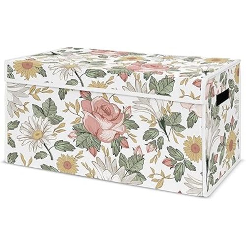 Sweet Jojo Designs Vintage Floral Boho Girl Small Fabric Toy Bin Storage Box Chest for Baby Nursery or Kids Room - Blush Pink, Yellow and Green Shabby Chic Rose Flower Farmhouse