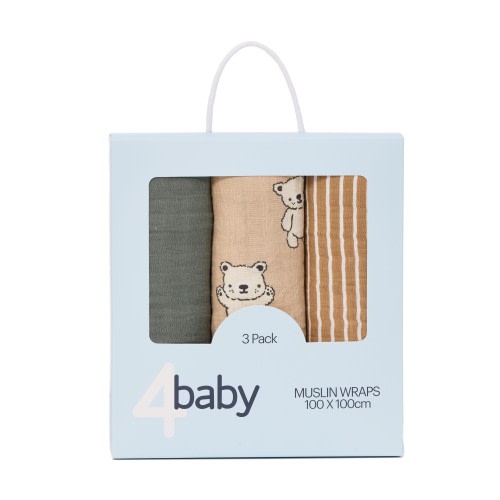 4baby Muslin Wrap 3 Pack Bears