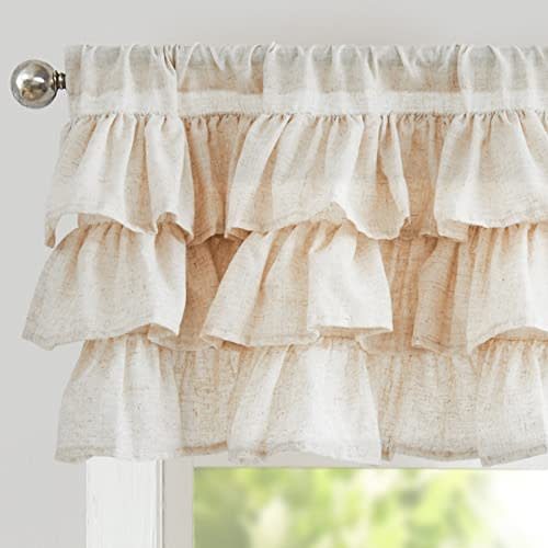 jinchan Ruffled Valance Curtain Linen Kitchen Window Valance for Living Room Bedroom 18 Inch Farmhouse Cottage Shabbychic Style Light Filtering Small Window Treatment 1 Panel Crude