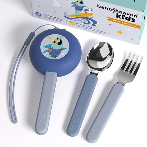 Bentoheaven Kids Travel Utensils with Case, Food-Grade Stainless Steel & BPA-Free Plastic, Travel Kid Cutlery Set, Dishwasher Safe Fork, Spoon & Case, Reusable Flatware, Silverware for Kids (Shark)