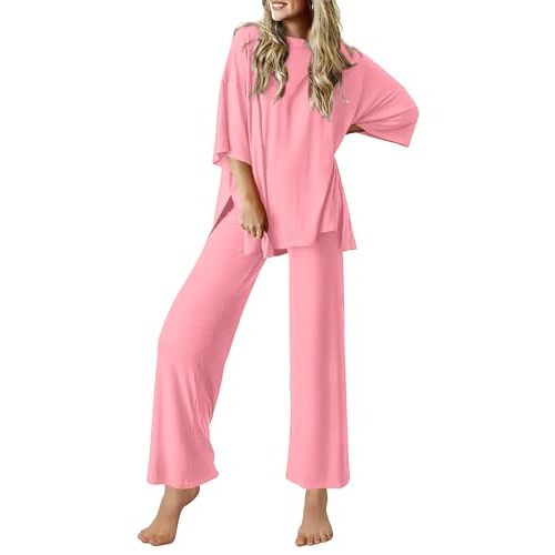 Ekouaer Lounge Sets for Women Short Sleeve Tops and Long Pants Soft Comfy Pajamas Set 2 Piece Outfits