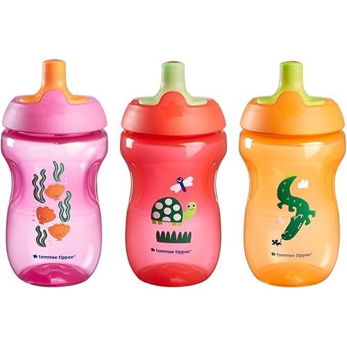 Tommee Tippee Sportee Water Bottle, for 12m+, 10oz, Pack of 3 Non-Spill Sippy Cups for Toddlers, Pink, Red and Orange, with Bite-Resistant Spout, Easy-Hold and BPA Free