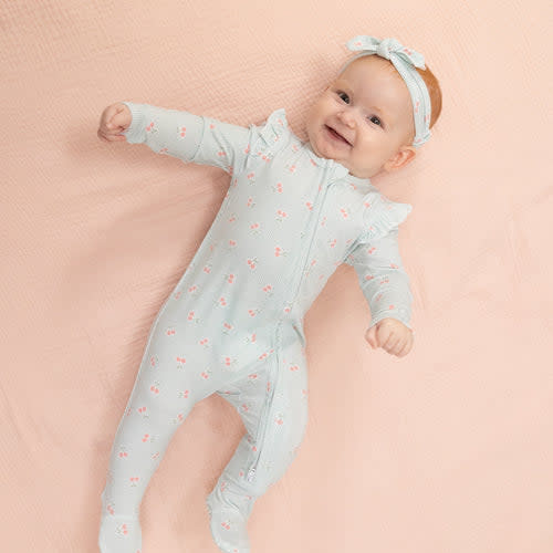 Tiny Cherry Stripe - 2 Way Ruffle Sleeve Zipper Footie – Angel Dear