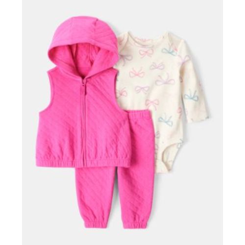 Baby Girls Bow-Print Bodysuit, Quilted Vest & Pants, 3 Piece Set