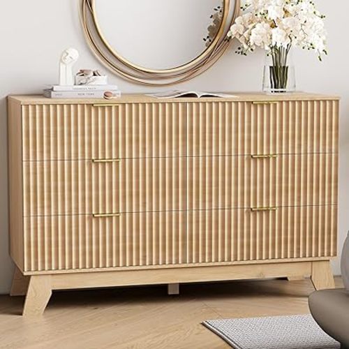 6 Drawer Dresser for Bedroom, Fluted Dressers Chest of Drawers with Gold Handle, Mid Century Modern Dresser for Closet, Wood Closet Storage Organizer Furniture for Bedroom, Living Room, Natural