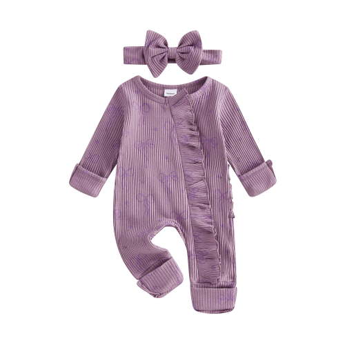 Gzhioc Newborn Baby Girl Fall Outfit 0 3 6 Months Bow Print Long Sleeve Full Length Zipper Front Ribbed Jumpsuit Bow Headband 2Pcs Set