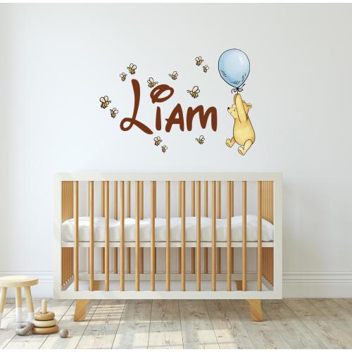 Custom name Winnie the Pooh wall nursery decal for boys and girls room, custom fairytale vinyl sticker with bees, baby shower gift