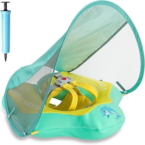 Baby Pool Float with Canopy UPF50+ Sun Protection, Soft Fabric-Covered Inflatable Baby Float, No Flip Over Infant Swim Float for Baby 6-36 Months, Skin Protect Toddler Pool Floaties for Boys and Girls