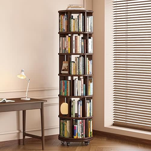 Saifu 6 Tier Wood Rotating Bookshelf on Wheels,Round Revolving Bookcase,360° Spinning Book Shelf Tower,Rolling Bookshelves for Small Space, Corner, Bedroom, Kids Room,Office, Walnut