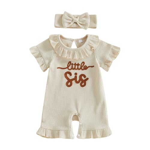 allshope Newborn Baby Girl Summer Outfit Romper Little Sister Lil Sis Embroidery Ruffle Collar Jumpsuit Infant Waffle Clothes