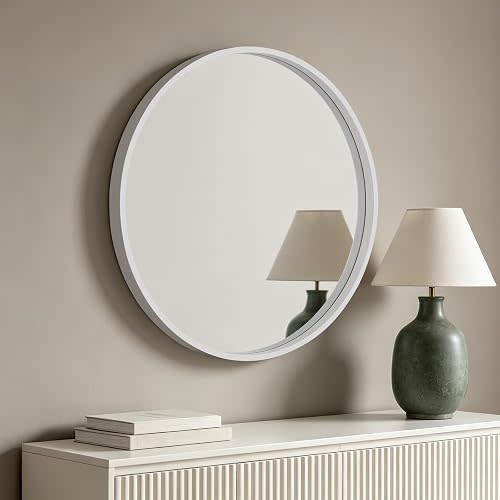 Round Wood Mirror, 28" Round Bathroom Wall Mirror Circle Mirrors for Wall Decor, Vanity, Living Room, Bedroom, Entryway, Natural