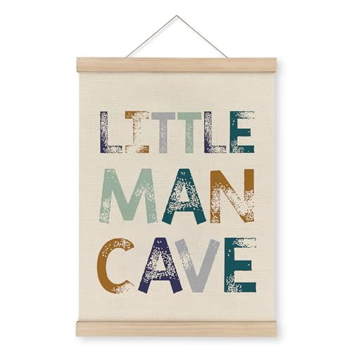 MAQIKA Little Man Cave Poster Framed with Wood Hanger, Nursery Decor for Boys, Boy Nursery Hanging Wall Decor, Little Man Cave Sign Canvas Wall Art Paints for Toddler Boys Room 12x16 Inch