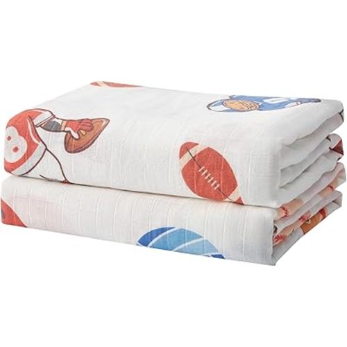 70% Rayon Made from Bamboo 30% Cotton Muslin Swaddle Blanket, 47 x 47 Inches, Sports Theme Baby Receiving Blanket, Soft and Breathable, Unisex, 2 Pack