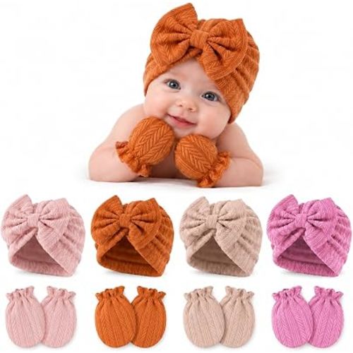 4 Sets Newborn Baby Girl Bow Hats and Mittens Turban Beanies 0-3M