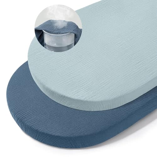 Basumee Muslin Bassinet Sheets for Baby Girl Boy 2 Pack Soft Breathable Baby Bedside Bassinet Fitted Sheets with Bottom Elastic Band Mattress Cover for Rectangle Oval Hourglass Bassinets