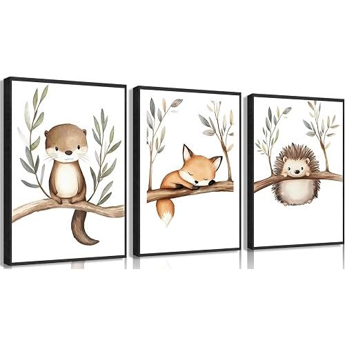 3Pcs Woodland Animal Wall Art, Cute Otter Fox Hedgehog Canvas Painting Poster Print, Nursery Kids Room Wall Decor Picture for Bedroom Playroom Decoration, 12x16 Inch Unframed