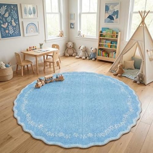 GarveeHome Round Rugs 6ft Scalloped Washable Circle Rug for Dining Room