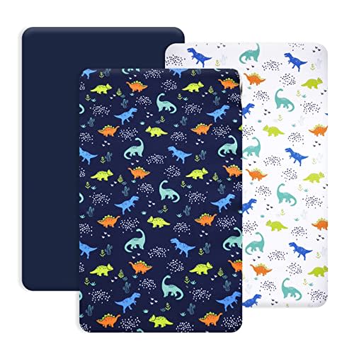 PHF 3 Pack Soft Mini Crib Sheets, Dinosaur Pack N Play Sheets for Baby Boys Girls, No Slip Universal Fit for Pack N Play, Playard, Portable and Mini Crib Mattresses,Navy Dinosaur