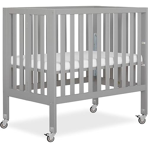 Dream On Me Jett Mini Folding Baby Crib in Pebble Grey, GreenGuard Gold & JPMA, Lightweight & Portable, Patented Flat Folding System, Small Spaces & Travel, 1.5” Mattress Pad, 3 Heights, Safe Wheels