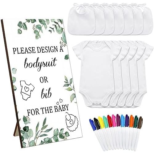 Panitay 43 Pcs Baby Bibs Bodysuit Games Set Wooden Game Sign 15 Blank White Bibs 15 Newborn Bodysuit 12 Marker