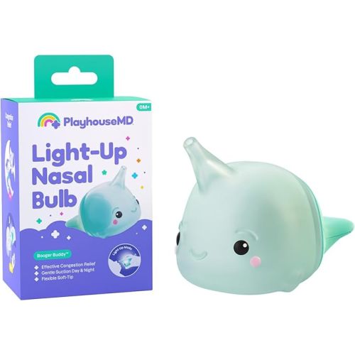 Playhouse MD Booger Buddy Nasal Aspirator Bulb, Narwhal - with LED Light for Babies & Toddlers – BPA-Free Snot Remover for Infant Stuffy Nose and Congestion Relief – Easy to Clean Design