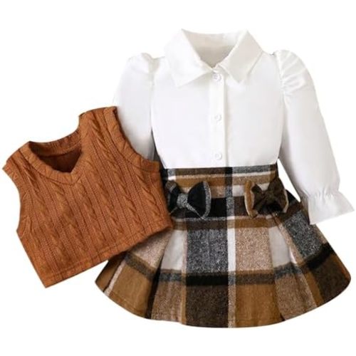 ChuYuKu Baby Girl Fall Clothes 6M-4Y Puff Sleeve Blouse+Tartan Pleated Skirt+Vest Set, Infant Toddler Girl Outfits