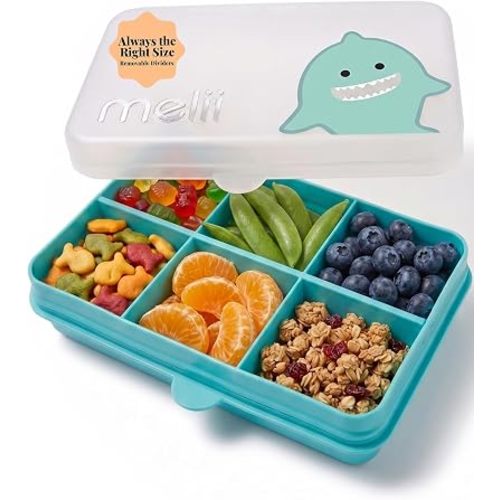 melii Snackle Box | 6-Compartment Divided Snack Container, BPA-Free Food Storage with Removable Dividers for School, Travel & On-the-Go Snacking (Shark)