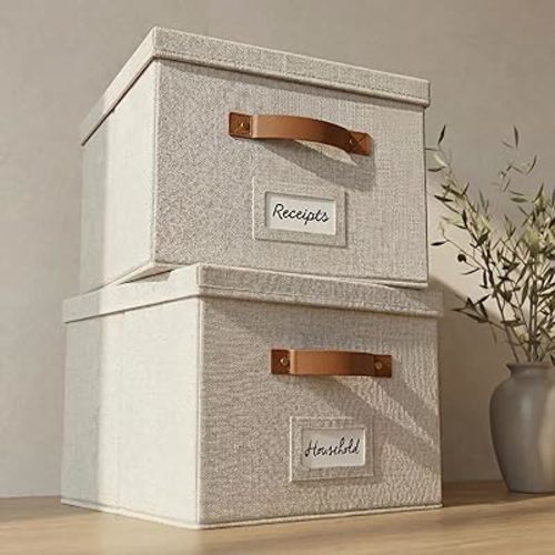 ZICOTO Decorative File Organizer Box Set of 2 - Collapsible Linen Filing Cabinets w/Handles Are Perfect to Store all Your Documents & Hanging File Folders - Portable Easy Slide Crates with Lid