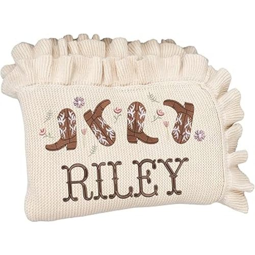 Personalized Cowgirl Name Blanket, Custom Knit Baby Girl Blanket, Embroidered Western Infant Throw, Soft Newborn Nursery Bedding, Cowboy Boots Design for Girls Room Decor