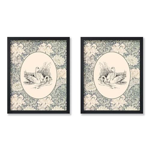 Poster Master 2-Piece Vintage Swans Print - Retro Bird Poster - Blue Pastel Art - Floral Farmhouse Wall Design - Chic Boho Art - Great Kid's Room or Nursery Decor - 11x14 UNFRAMED Wall Art