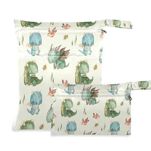 GOODOLD Watercolor Dragon Wet Dry Bag for Baby Cloth Diaper Waterproof Reusable Travel Wet Bag with Two Zippered Pockets for Swimsuits, 2 Pcs