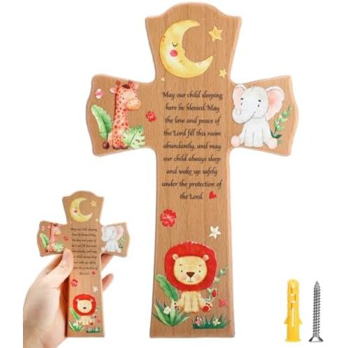 Bucherry Animal Wooden Hanging Wall Cross Baptism Catholic Decor Gift