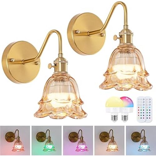 Vintage Battery Operated Wall Sconce, Rechargeable Wireless Wall Sconces with Remote Control, Indoor Wall Light Amber Glass Lampshade with RGB Dimmable for Bedroom, Living Room, Set of Two