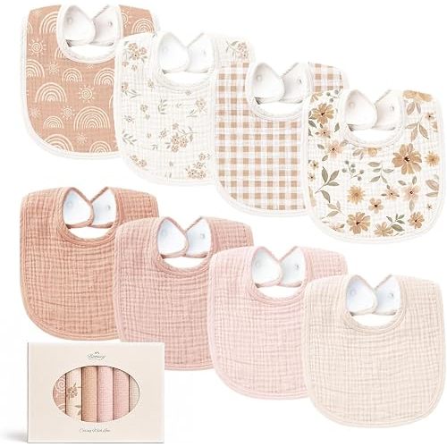 Konssy 8-Pack Muslin Baby Bibs, Adjustable Fit for Drooling and Teething