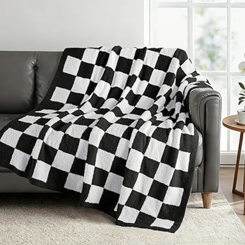 Exclusivo Mezcla Checkered Knit Throw Blanket, Ultra Soft and Warm Reversible Woven Blankets, Cozy Snuggly Throw for Couch Bed and Home Decor, Black, 50"x60"