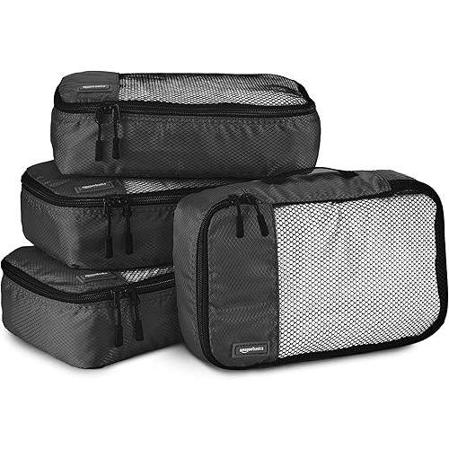 Amazon Basics Small Packing Cubes for Travel, Packing Organizers, 4-Piece-Set With Double Zipper Pulls and Mesh Top Panel, 100% Durable Polyester, Black, 11"L x 6.8"W x 3"H