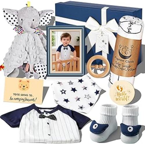 Baby Gift Basket for Newborn Girls & Boys, Baby Shower Gift Set for Boy, Newborn Baby Boy Essentials, Welcome Home, Gender Reveal Gifts for New Parents, Blue Gift Box