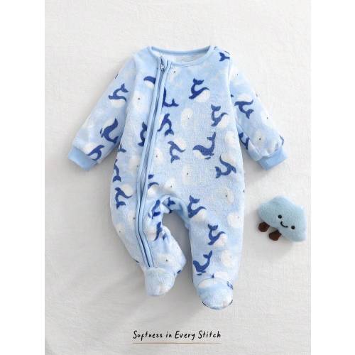 Cozy Pixies Newborn Baby Cartoon Pattern Round Neck Long Sleeve Thermal Lined Thick One-Piece Long Autumn Winter Pants | SHEIN USA