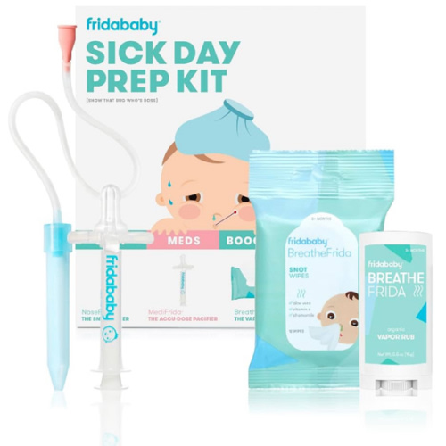 Frida Baby Sick Day Prep Kit, 4pc Set, Essentials Includes NoseFrida Nasal Aspirator, MediFrida Pacifier Medicine Dispenser, Breathefrida Vapor Chest Rub + Snot Wipes, Soothe Stuffy Noses for Babies