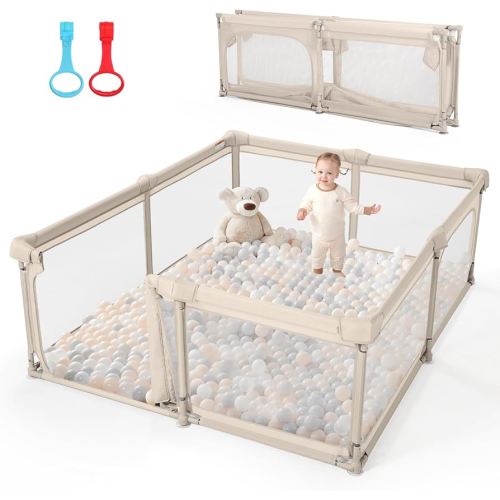 Baby Playpen,79"x59" Foldable Playpen for Babies and Toddlers with Gate,Large Play Pen with Zipper Door,Baby Play Pen Play Area(Khaki)