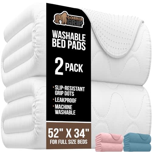 GORILLA GRIP Washable Underpads, Waterproof Reusable Heavy Absorbency Incontinence Bed Pads, Leak Proof Toddler Mattress Pad, 52x34 2 Pack, Slip Resistant for Bedwetting, Adults and Kids, White