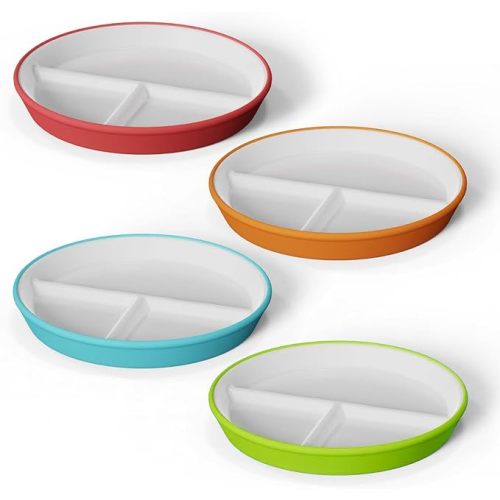 Kids Porcelain Plates with Anti-Slip Silicone Sleeves | Microwave & Dishwasher Safe | Premium Divided Toddler Plates for Hassle-Free Eating | Perfect for Toddlers & Kids of All Ages - Set of 4 Plates