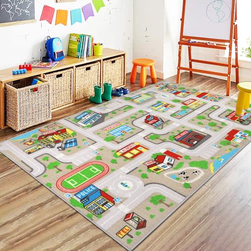 Capslpad Tan Car Road Kid Rug Carpet Playmat for Playoom Traffic Road Kids Play Mat for Toddler Non Slip Washable City Map Race Track Carpet Rug for Kids Room Bedroom Nursery Room Decor,5.2'x3.3'