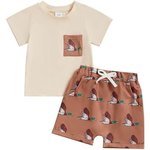 SAYOO Kids Baby Boys Duck Hunter Clothes Mallard Duck Short Sleeve T-shirt Casual Shorts 2Pcs Toddler Hunting Baby Outfit