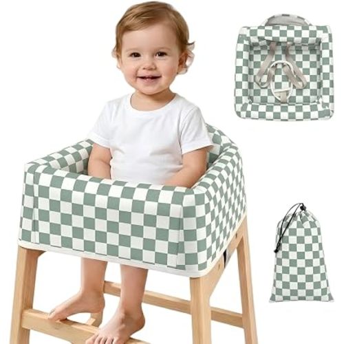 Baby High Chair Cover Restaurant with Strap Pads-Sage Checkered
