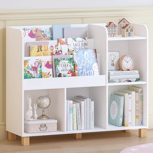 Spirich Kids Bookshelf and Toy Storage, Child Cube Organizer Bookcase Shelf | Tall Kids Book Rack, Toy Storage Shelf with Pine Legs, Standalone, Bedroom, Playroom and Nursery, Kids Gift, White